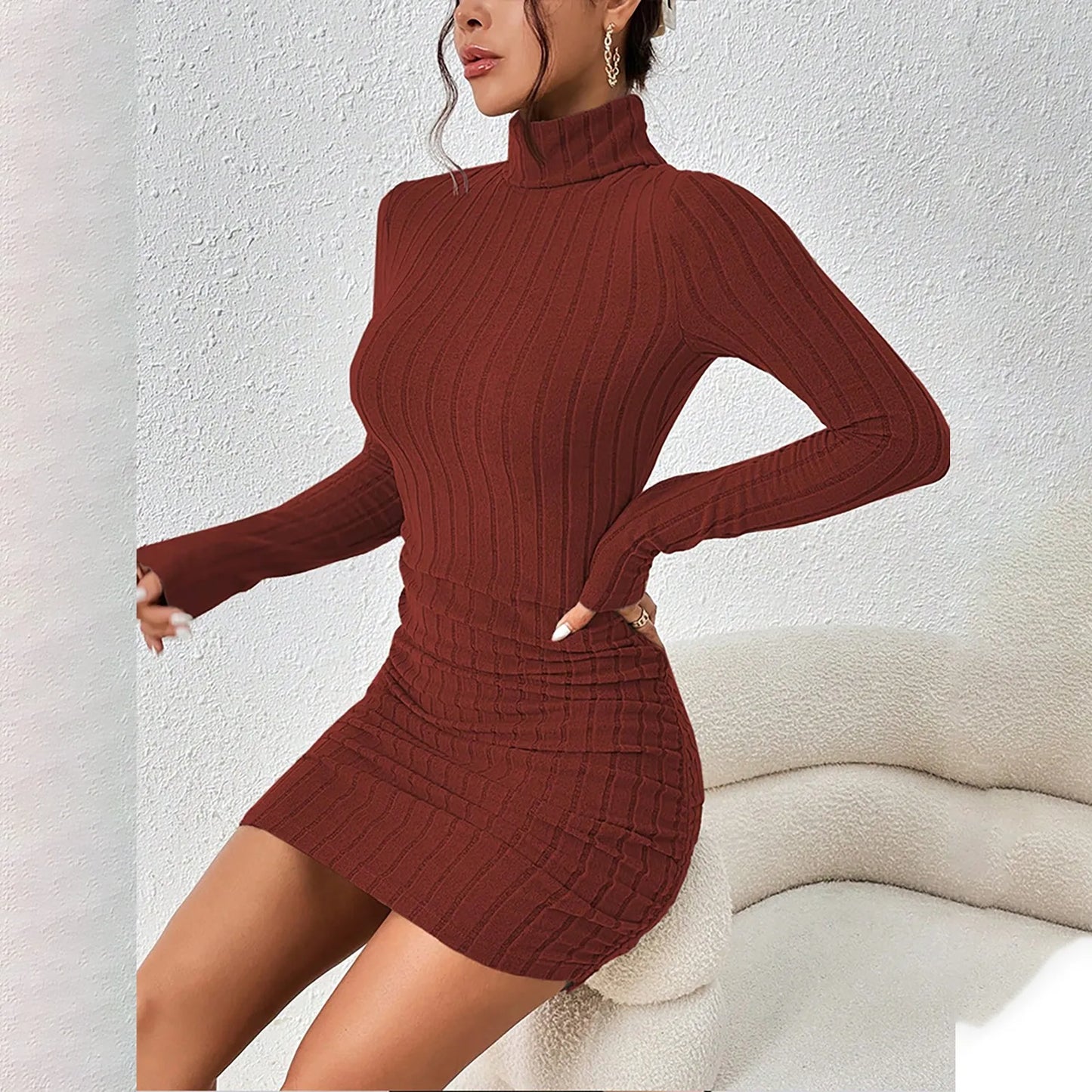 Knitted Bottoming Dress Women Elegant Party Autumn Winter Turtleneck Long Sleeves Sexy Sheath Mini Dresses Bodycon Club Dress