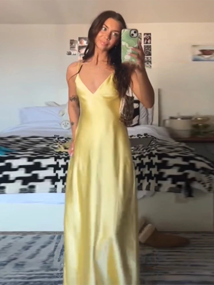 Sexy Yellow Satin Blend Sling Dress Women Elegant Sling Collar Backless Long Dresses 2025 Women New Lady Beach Vacation Robes
