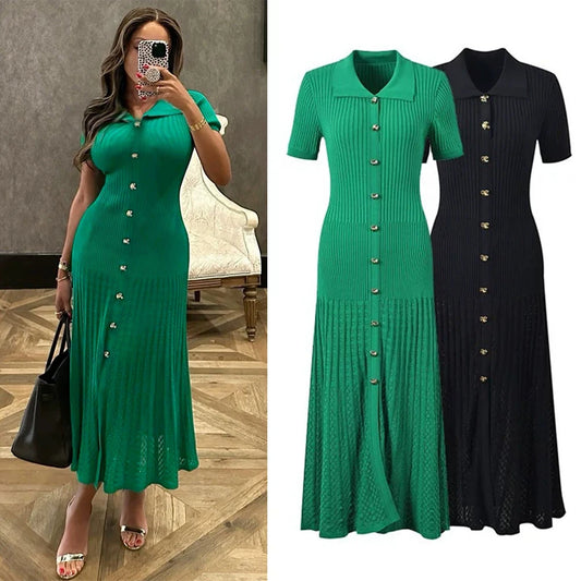 Vintage Turn-down Collar Knit Maxi Dress Elegant Single-breasted A-line Long Shirt Dress Lady Vestidos
