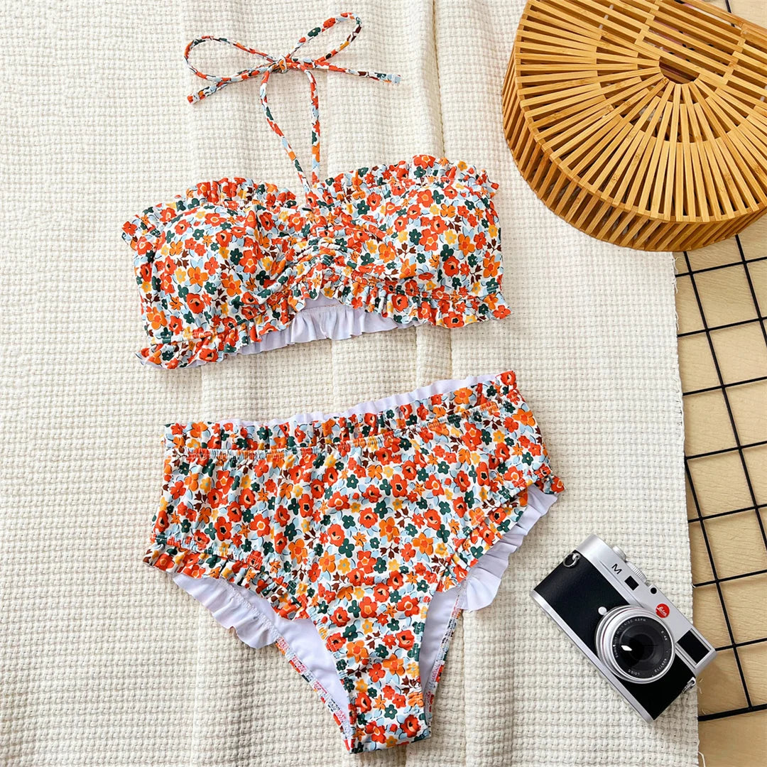 Flowers Printed Bandeau Female Swimsuit High Waist Bikini Women Swimwear Two-pieces Bikini set Bather Bathing Suit Swim V6613