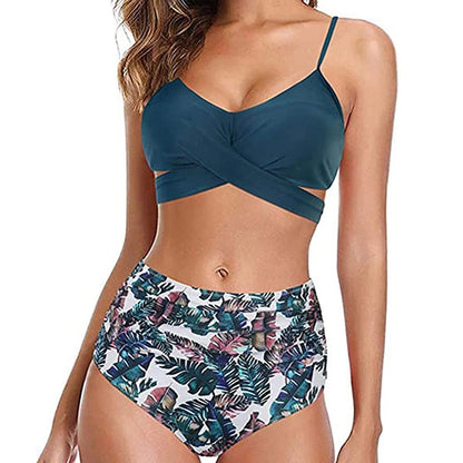 Hot 12 Colors Women Slim Bikini Sets High Waisted Sexy Swimwear 2 Pieces 2025 Solid/Floral Ruched Brazilian Swimsuit Cross Front