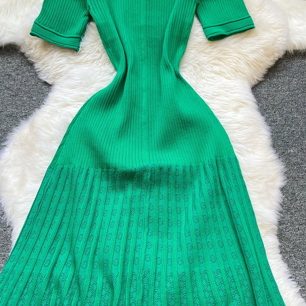 Vintage Turn-down Collar Knit Maxi Dress Elegant Single-breasted A-line Long Shirt Dress Lady Vestidos