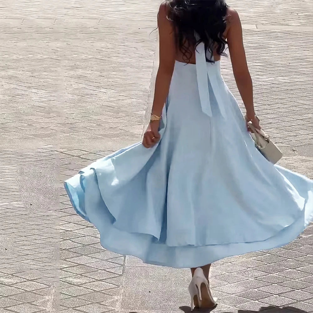 Summer Dresses  Sexy Plain Sleeveless Halter Neck Nipped Waists Layered Draped Midi Evening Dresses for Women