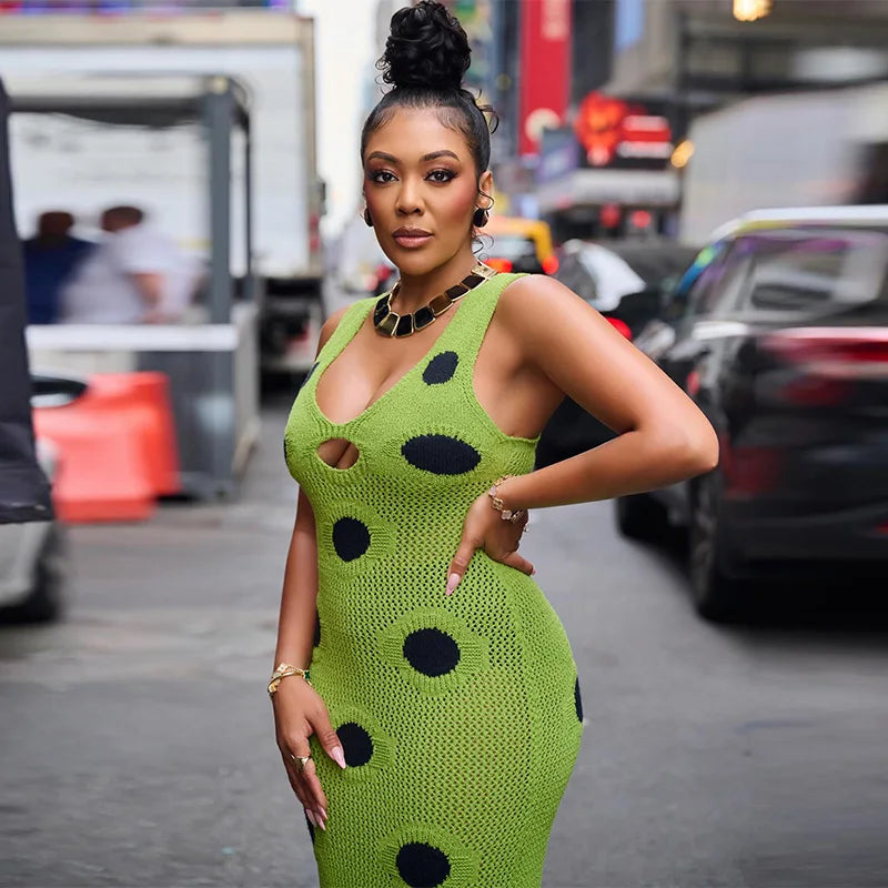 Women Sexy See Through Knitted Maxi Dress Hollow Out Deep Neck Pot Robes Tassel Hem Fork Party Vestidos 2025 New Lady Club Dress