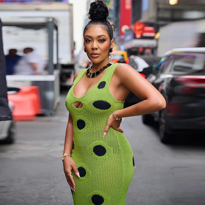 Women Sexy See Through Knitted Maxi Dress Hollow Out Deep Neck Pot Robes Tassel Hem Fork Party Vestidos 2025 New Lady Club Dress