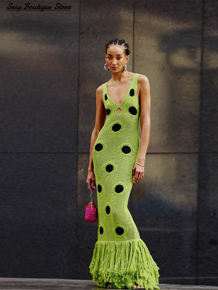 Women Sexy See Through Knitted Maxi Dress Hollow Out Deep Neck Pot Robes Tassel Hem Fork Party Vestidos 2025 New Lady Club Dress