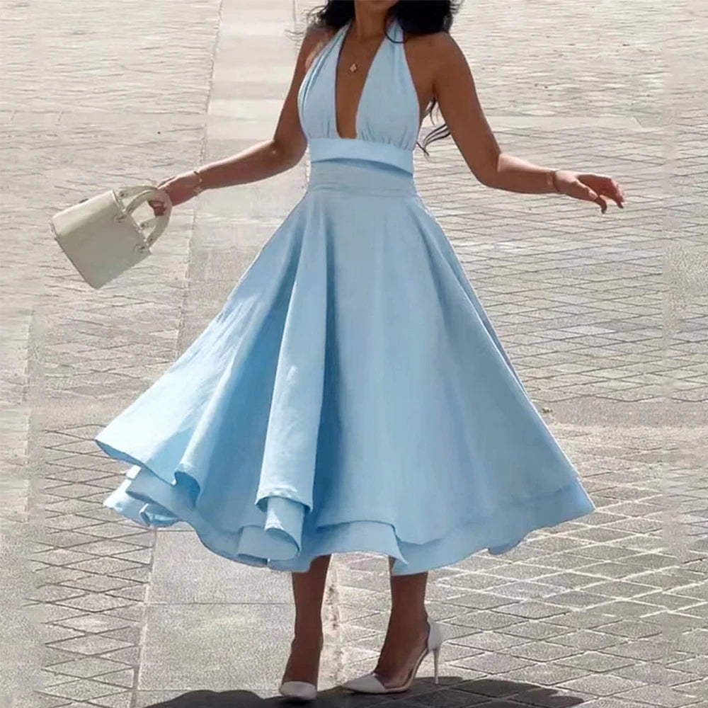 Summer Dresses  Sexy Plain Sleeveless Halter Neck Nipped Waists Layered Draped Midi Evening Dresses for Women
