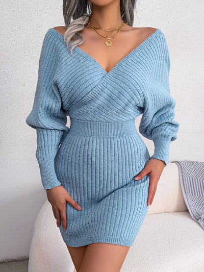 VigoCasey 2025 White Cross V Neck Short Knit Dress Spring Autumn Women Casual Long Sleeve Dress Sexy Lady Solid Knitted Dresses