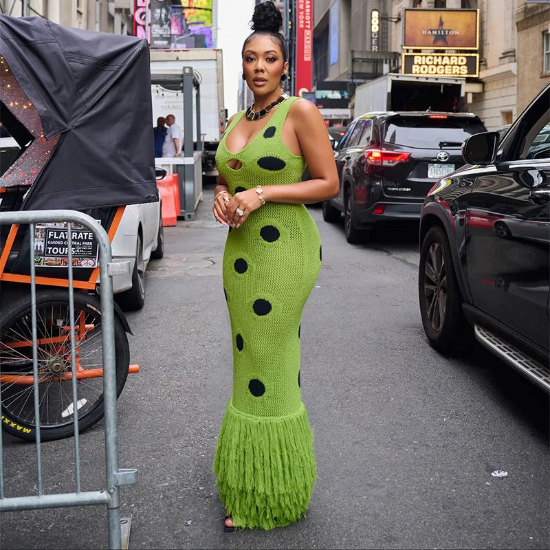 Women Sexy See Through Knitted Maxi Dress Hollow Out Deep Neck Pot Robes Tassel Hem Fork Party Vestidos 2025 New Lady Club Dress