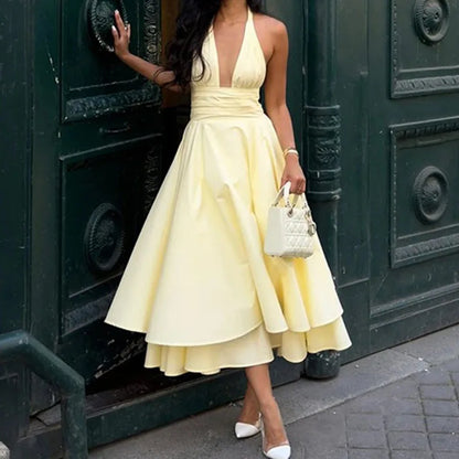 Fashion Casual Long Dresses for Women Solid Backless V Neck Halter A-line Big Swing Pleated Dress 2025 Lady Vacation Sexy Robe