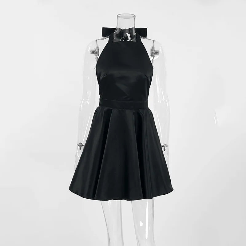 Elegant Backless Halter Mini Dress for Women French Style Sexy Sleeveless with Pocket Short Dress Black Evening Party Vestidos