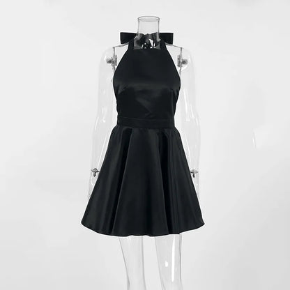 Elegant Backless Halter Mini Dress for Women French Style Sexy Sleeveless with Pocket Short Dress Black Evening Party Vestidos