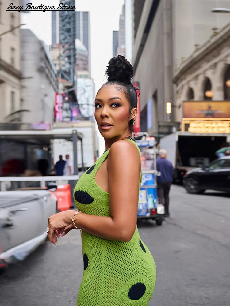 Women Sexy See Through Knitted Maxi Dress Hollow Out Deep Neck Pot Robes Tassel Hem Fork Party Vestidos 2025 New Lady Club Dress