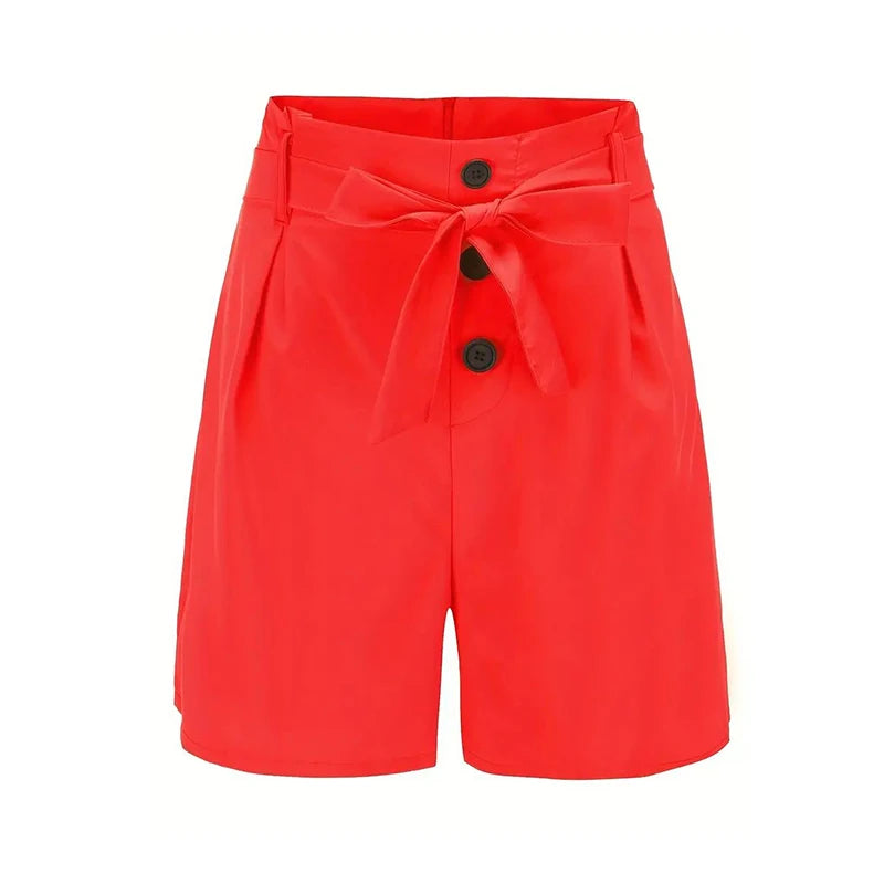 Solid Button Front Shorts Tie Waist Beach Summer High Waist Shorts Women's Clothing