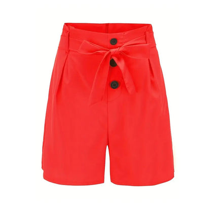 Solid Button Front Shorts Tie Waist Beach Summer High Waist Shorts Women's Clothing