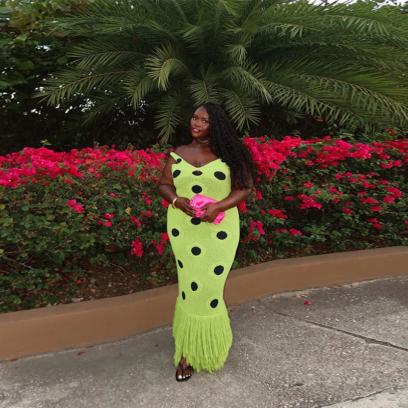 Women Sexy See Through Knitted Maxi Dress Hollow Out Deep Neck Pot Robes Tassel Hem Fork Party Vestidos 2025 New Lady Club Dress