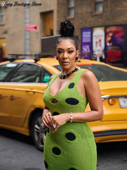 Women Sexy See Through Knitted Maxi Dress Hollow Out Deep Neck Pot Robes Tassel Hem Fork Party Vestidos 2025 New Lady Club Dress