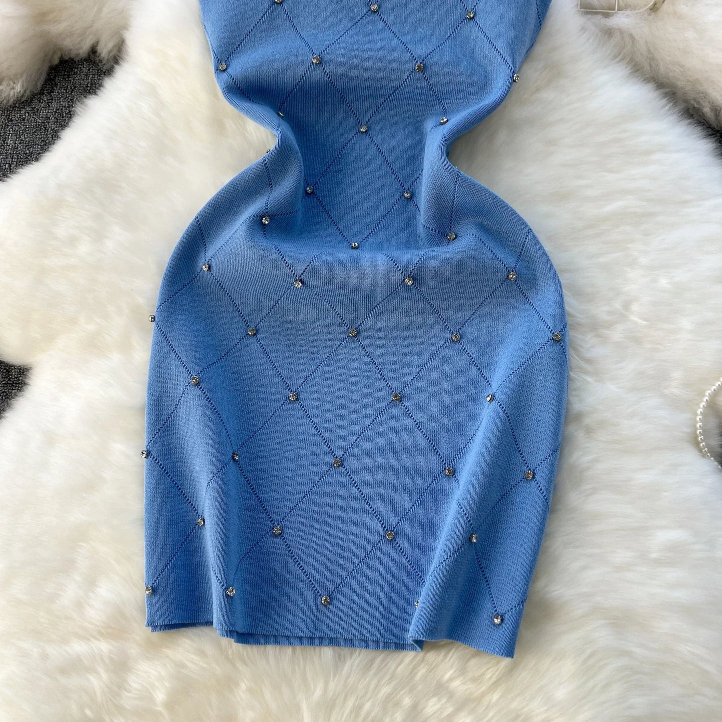 Beading  Summer Women's Knitting Sheath Tank Dress Female Bodycon Knitted Camisole Sleeveless Mini Dresses For Woman Outfits