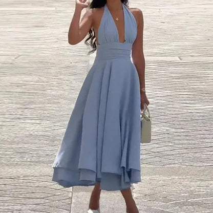 Fashion Casual Long Dresses for Women Solid Backless V Neck Halter A-line Big Swing Pleated Dress 2025 Lady Vacation Sexy Robe