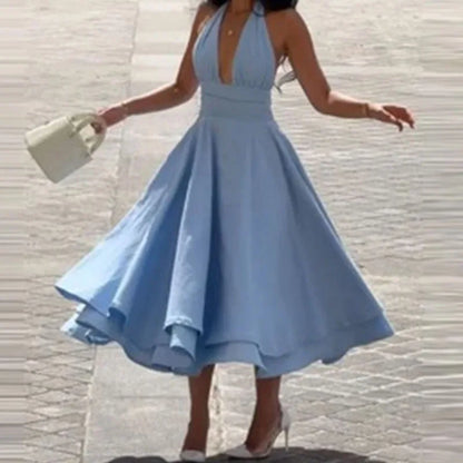 Fashion Casual Long Dresses for Women Solid Backless V Neck Halter A-line Big Swing Pleated Dress 2025 Lady Vacation Sexy Robe