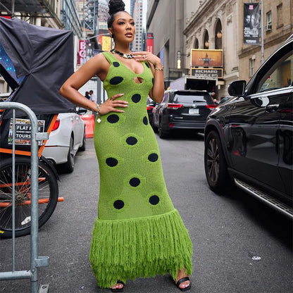 Women Sexy See Through Knitted Maxi Dress Hollow Out Deep Neck Pot Robes Tassel Hem Fork Party Vestidos 2025 New Lady Club Dress