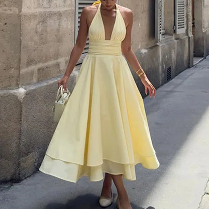 Fashion Casual Long Dresses for Women Solid Backless V Neck Halter A-line Big Swing Pleated Dress 2025 Lady Vacation Sexy Robe
