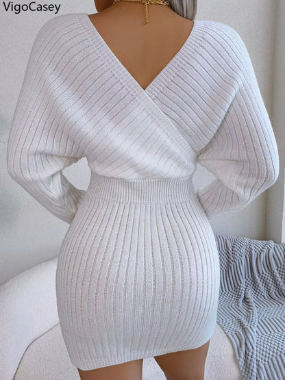 VigoCasey 2025 White Cross V Neck Short Knit Dress Spring Autumn Women Casual Long Sleeve Dress Sexy Lady Solid Knitted Dresses