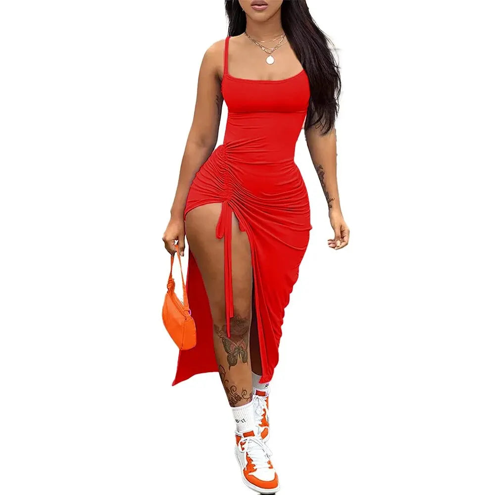 Summer Hot Selling WOMEN'S Sexy Backless Pleated Slit Slim Fit Solid Color Suspender Dress