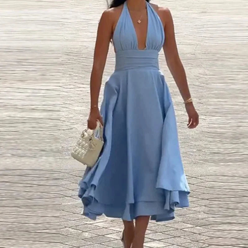 Fashion Casual Long Dresses for Women Solid Backless V Neck Halter A-line Big Swing Pleated Dress 2025 Lady Vacation Sexy Robe