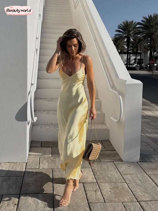 Sexy Yellow Satin Blend Sling Dress Women Elegant Sling Collar Backless Long Dresses 2025 Women New Lady Beach Vacation Robes