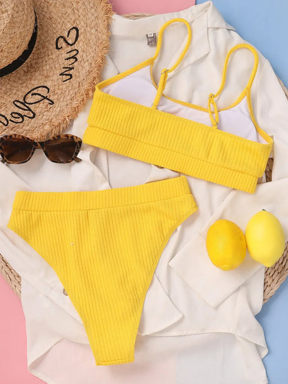 Sexy Solid Yellow Bikini 2024 Mujer High Cut Pleate Women's Swimsuit Separate Beach Bathing Suit High Waist Swimwear Biquini New