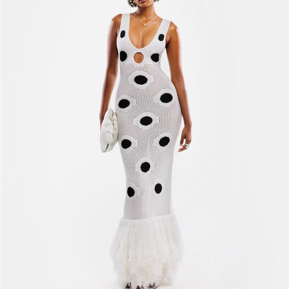 Women Sexy See Through Knitted Maxi Dress Hollow Out Deep Neck Pot Robes Tassel Hem Fork Party Vestidos 2025 New Lady Club Dress