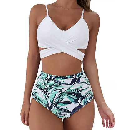 Hot 12 Colors Women Slim Bikini Sets High Waisted Sexy Swimwear 2 Pieces 2025 Solid/Floral Ruched Brazilian Swimsuit Cross Front