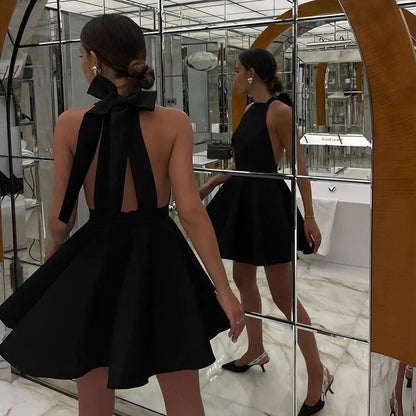 Elegant Backless Halter Mini Dress for Women French Style Sexy Sleeveless with Pocket Short Dress Black Evening Party Vestidos