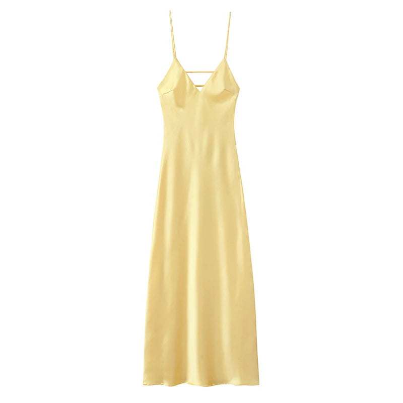 Sexy Yellow Satin Blend Sling Dress Women Elegant Sling Collar Backless Long Dresses 2025 Women New Lady Beach Vacation Robes