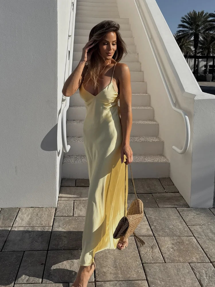 Sexy Yellow Satin Blend Sling Dress Women Elegant Sling Collar Backless Long Dresses 2025 Women New Lady Beach Vacation Robes