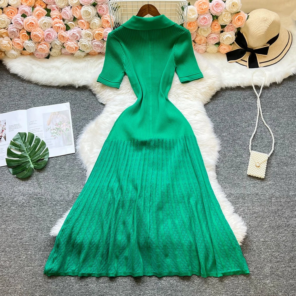 Vintage Turn-down Collar Knit Maxi Dress Elegant Single-breasted A-line Long Shirt Dress Lady Vestidos
