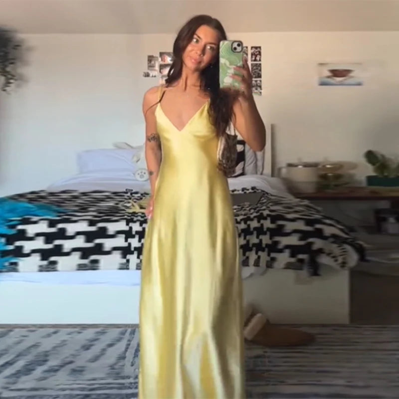 Sexy Yellow Satin Blend Sling Dress Women Elegant Sling Collar Backless Long Dresses 2025 Women New Lady Beach Vacation Robes
