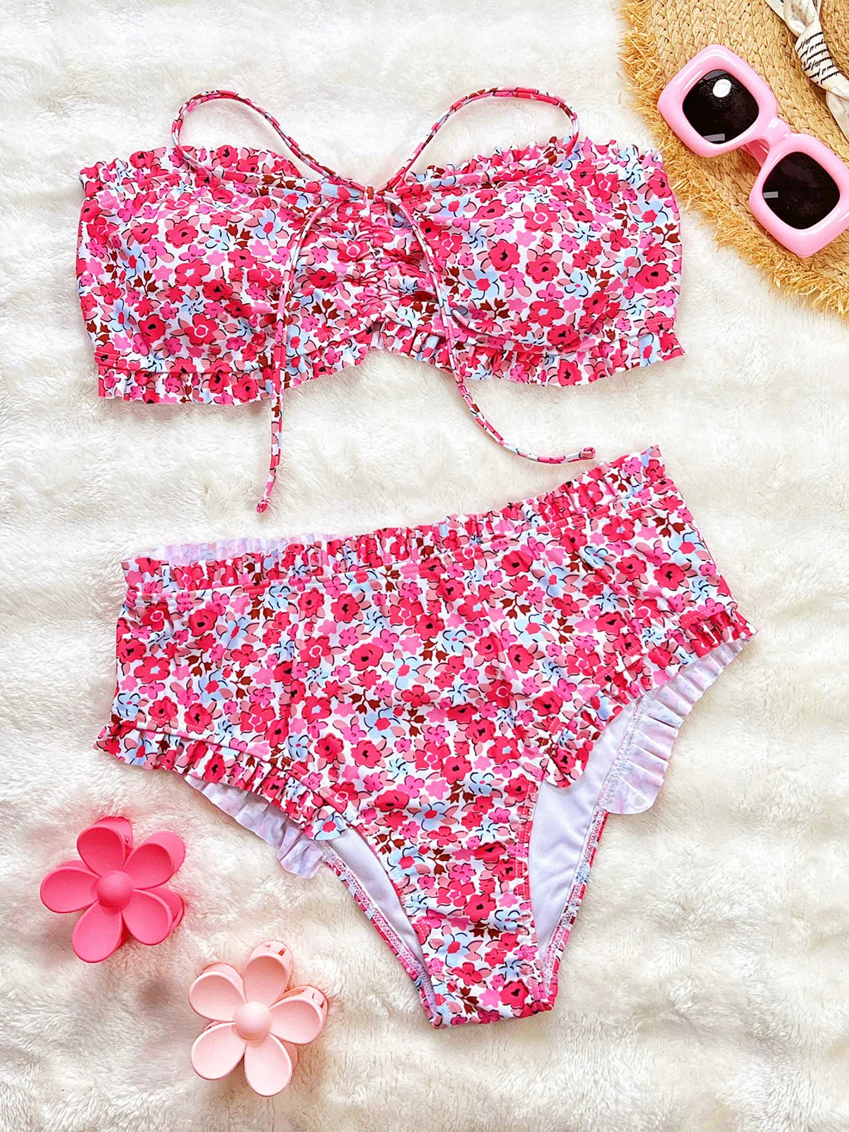Flowers Printed Bandeau Female Swimsuit High Waist Bikini Women Swimwear Two-pieces Bikini set Bather Bathing Suit Swim V6613