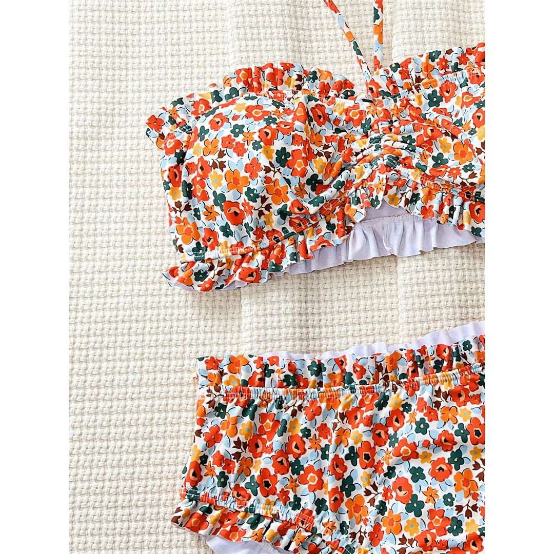Flowers Printed Bandeau Female Swimsuit High Waist Bikini Women Swimwear Two-pieces Bikini set Bather Bathing Suit Swim V6613