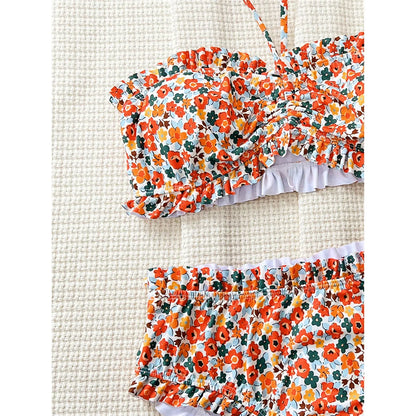 Flowers Printed Bandeau Female Swimsuit High Waist Bikini Women Swimwear Two-pieces Bikini set Bather Bathing Suit Swim V6613