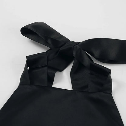 Elegant Backless Halter Mini Dress for Women French Style Sexy Sleeveless with Pocket Short Dress Black Evening Party Vestidos