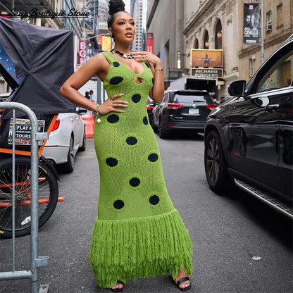 Women Sexy See Through Knitted Maxi Dress Hollow Out Deep Neck Pot Robes Tassel Hem Fork Party Vestidos 2025 New Lady Club Dress