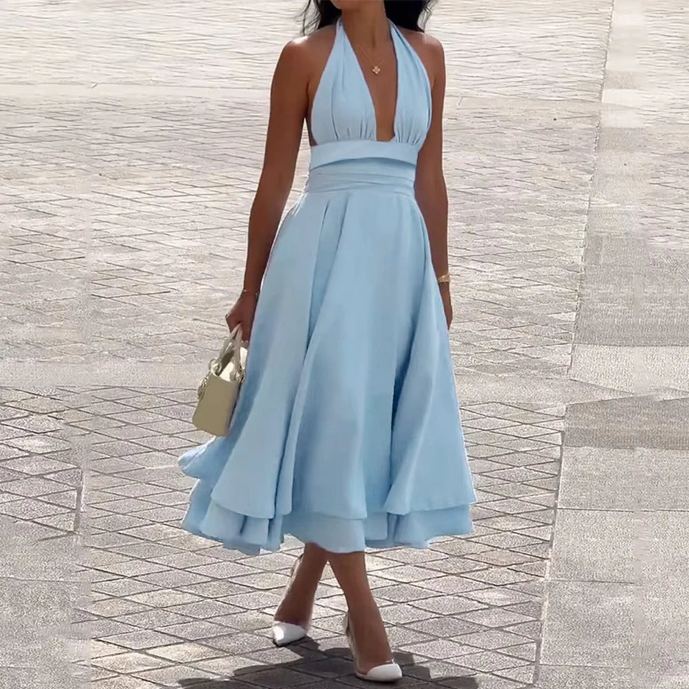 Summer Dresses  Sexy Plain Sleeveless Halter Neck Nipped Waists Layered Draped Midi Evening Dresses for Women