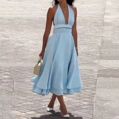 Summer Dresses  Sexy Plain Sleeveless Halter Neck Nipped Waists Layered Draped Midi Evening Dresses for Women