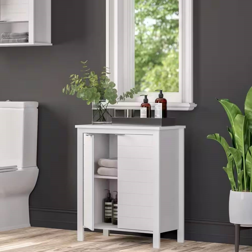 Bathroom Linen Cabinet with Storage Shelf in White Wood Finish-2