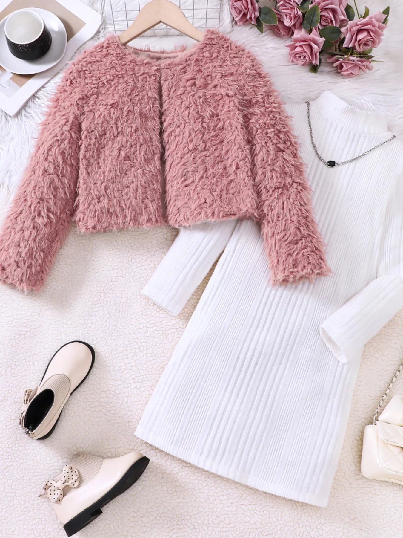 Children's Faux Fur Jacket & Ribbed Dress Set - DicartluzeDicartluzefdcb4c9d4bc246359b2ecb72a1038aef - Max - Origin