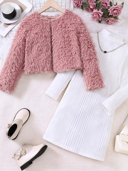 Children's Faux Fur Jacket & Ribbed Dress Set - DicartluzeDicartluzefdcb4c9d4bc246359b2ecb72a1038aef - Max - Origin