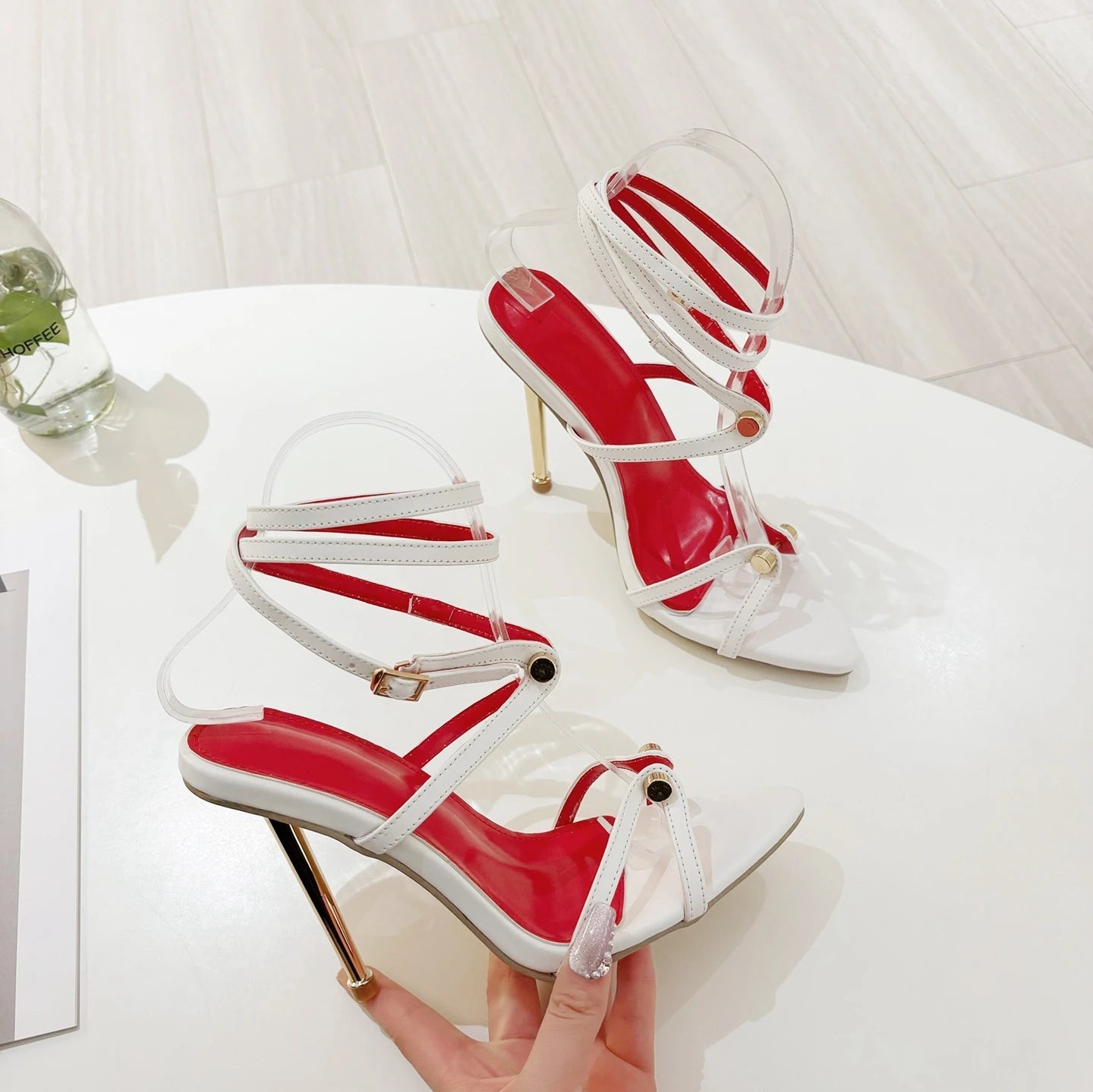 Custom Design Women High Heels Rivet Stud Ornament Gold Open Toe 11cm PU Thin Heel Shoes Ladies Heeled Sandals - DicartluzeDicartluzeCustom Design Women High Heels Rivet Stud Ornament Gold Open Toe 11cm PU Thin Heel Shoes Ladies Heeled Sandals