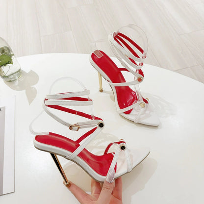 Custom Design Women High Heels Rivet Stud Ornament Gold Open Toe 11cm PU Thin Heel Shoes Ladies Heeled Sandals - DicartluzeDicartluzeCustom Design Women High Heels Rivet Stud Ornament Gold Open Toe 11cm PU Thin Heel Shoes Ladies Heeled Sandals